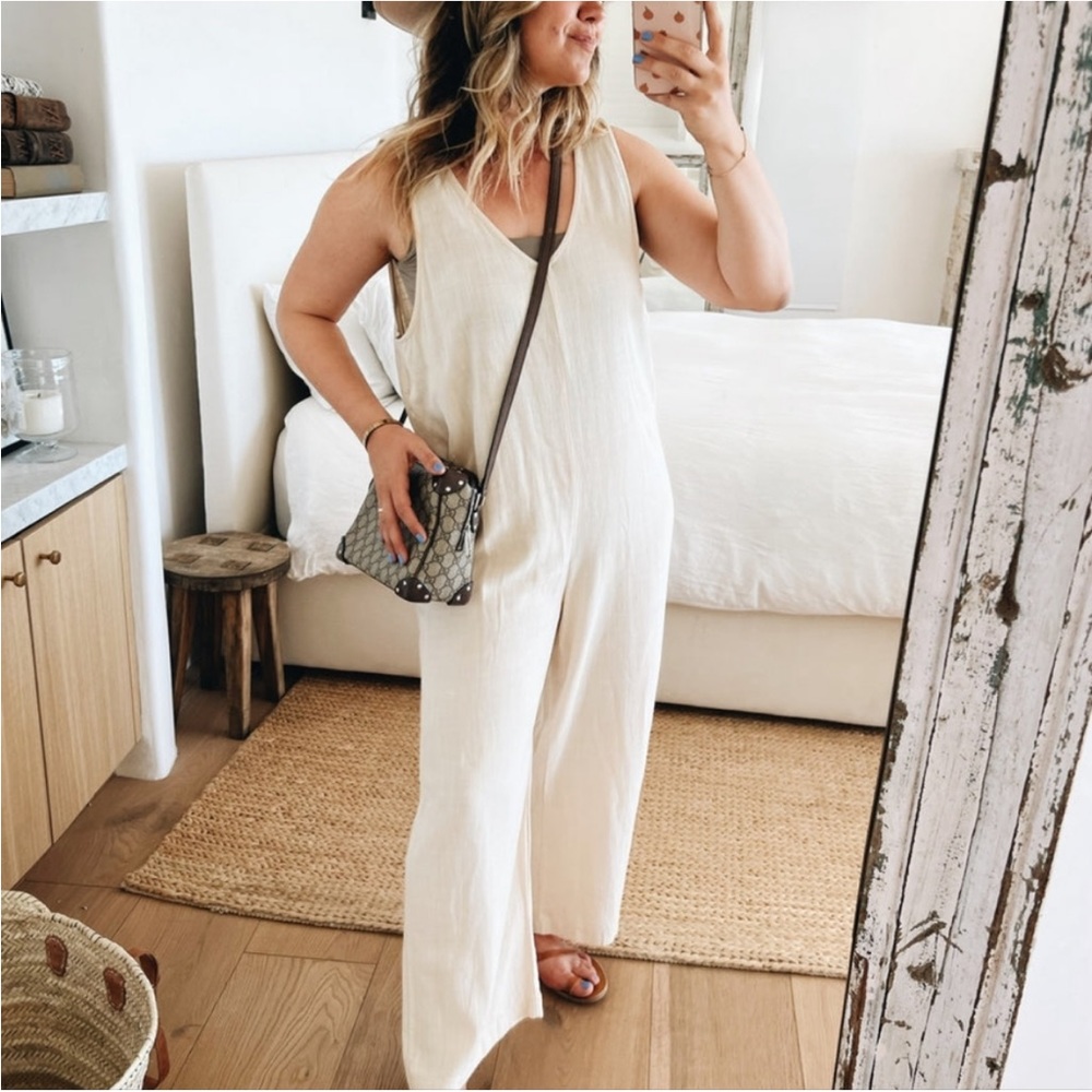 Carly Jean Kina Jumper Linen Blend Jumpsuit Bone Color Drop Crotch Lagenlook S